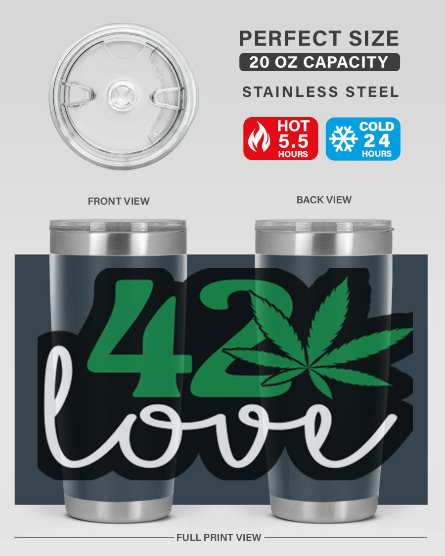 420 Love 20oz Tumbler made of stainless steel with a vibrant design, featuring a drink-thru lid and double wall vacuum insulation.