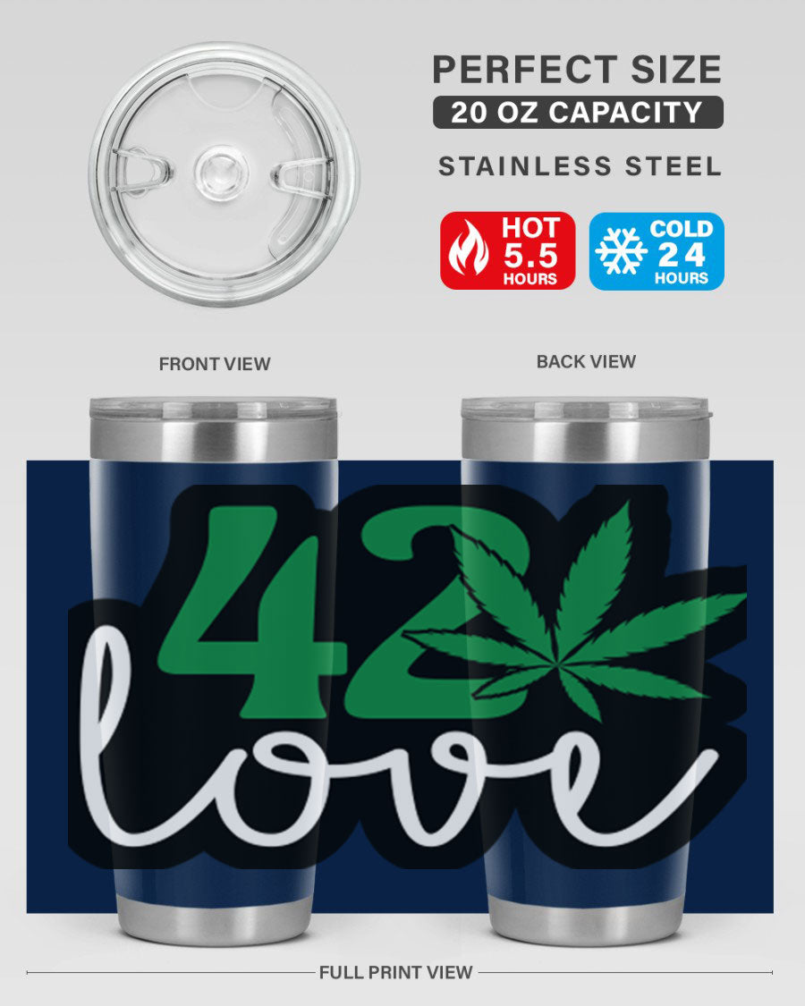 420 Love 20oz Tumbler made of stainless steel with a vibrant design, featuring a drink-thru lid and double wall vacuum insulation.
