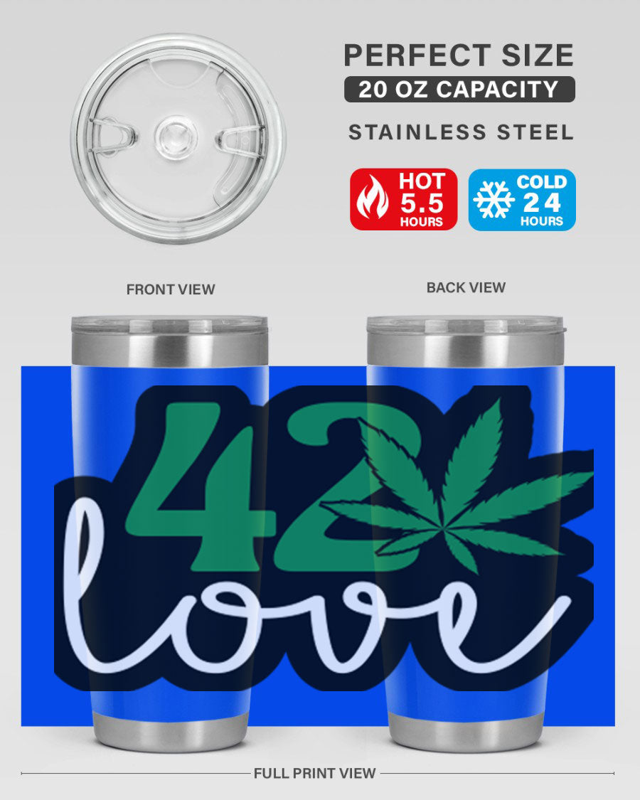 420 Love 20oz Tumbler made of stainless steel with a vibrant design, featuring a drink-thru lid and double wall vacuum insulation.