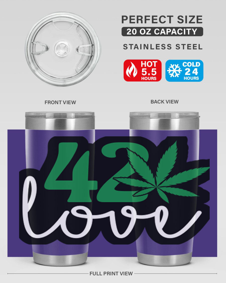 420 Love 20oz Tumbler made of stainless steel with a vibrant design, featuring a drink-thru lid and double wall vacuum insulation.