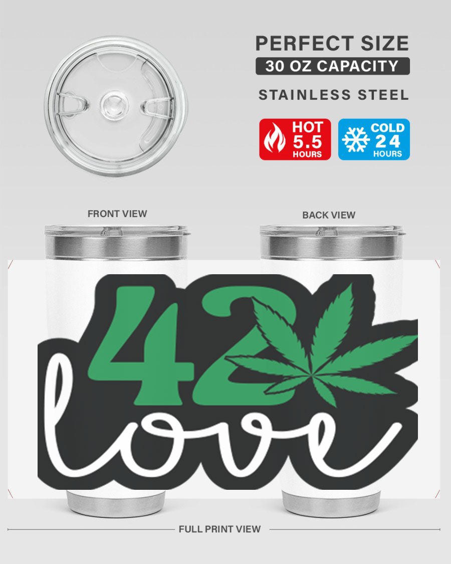420 Love 20oz Tumbler made of stainless steel with a vibrant design, featuring a drink-thru lid and double wall vacuum insulation.