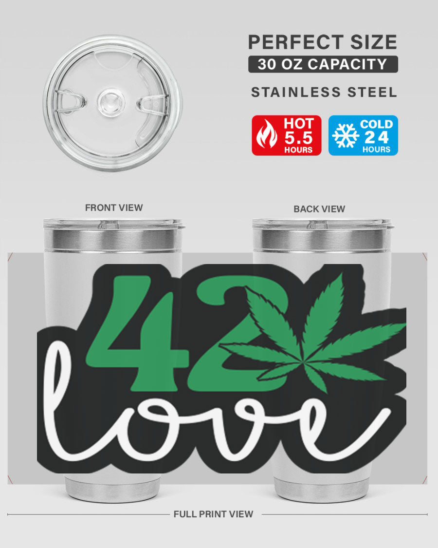 420 Love 20oz Tumbler made of stainless steel with a vibrant design, featuring a drink-thru lid and double wall vacuum insulation.