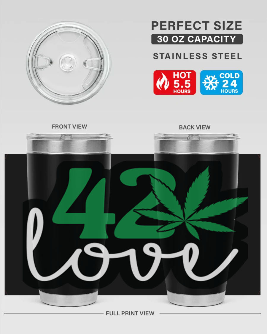 420 Love 20oz Tumbler made of stainless steel with a vibrant design, featuring a drink-thru lid and double wall vacuum insulation.