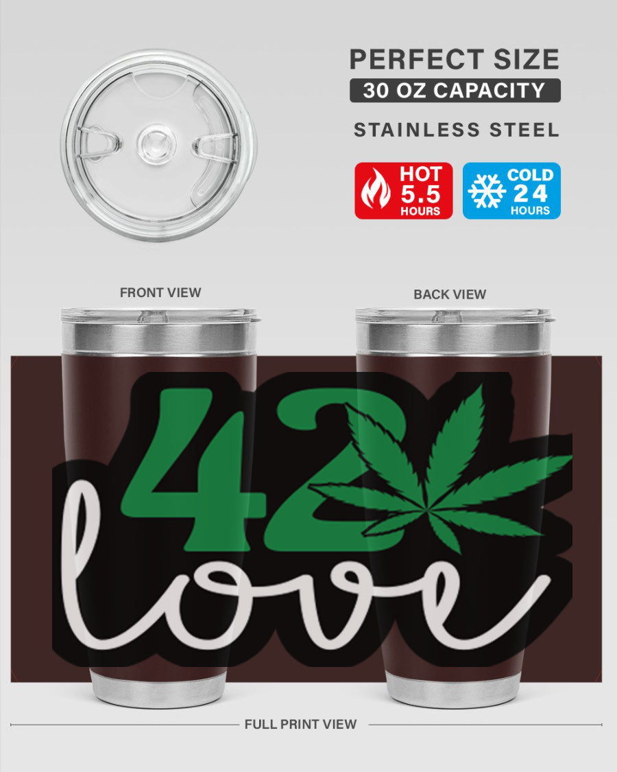 420 Love 20oz Tumbler made of stainless steel with a vibrant design, featuring a drink-thru lid and double wall vacuum insulation.