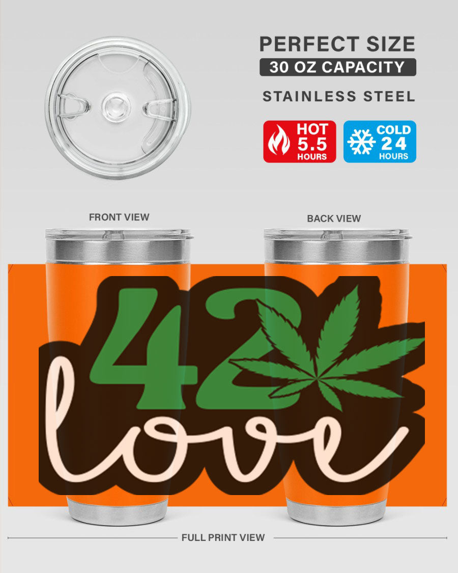 420 Love 20oz Tumbler made of stainless steel with a vibrant design, featuring a drink-thru lid and double wall vacuum insulation.
