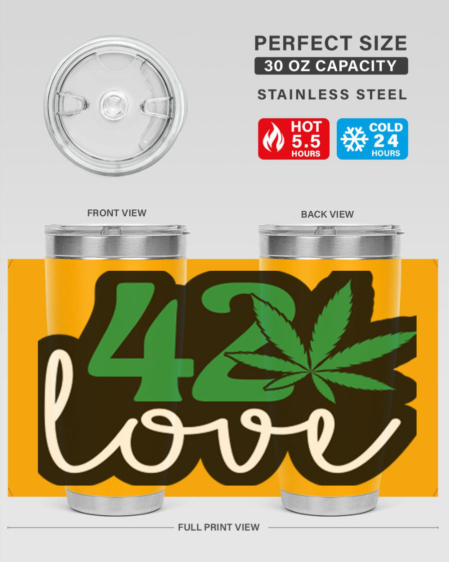 420 Love 20oz Tumbler made of stainless steel with a vibrant design, featuring a drink-thru lid and double wall vacuum insulation.