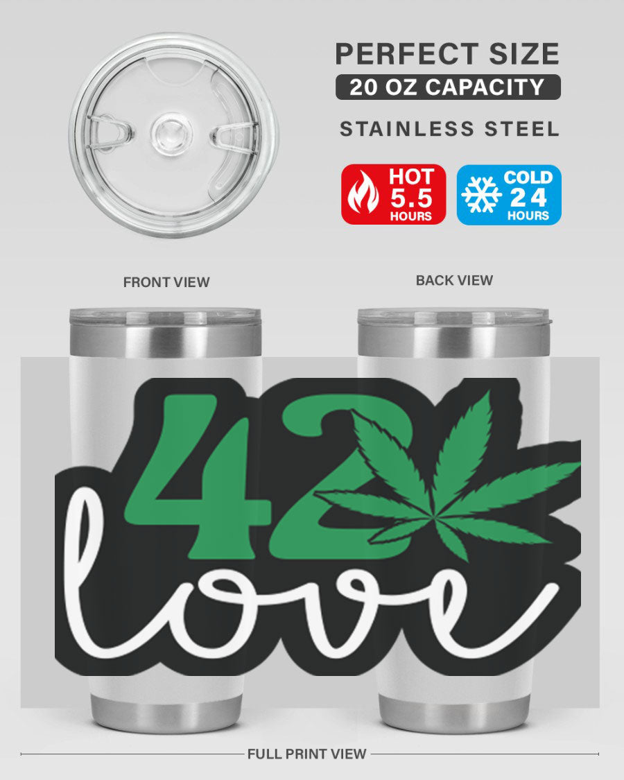 420 Love 20oz Tumbler made of stainless steel with a vibrant design, featuring a drink-thru lid and double wall vacuum insulation.