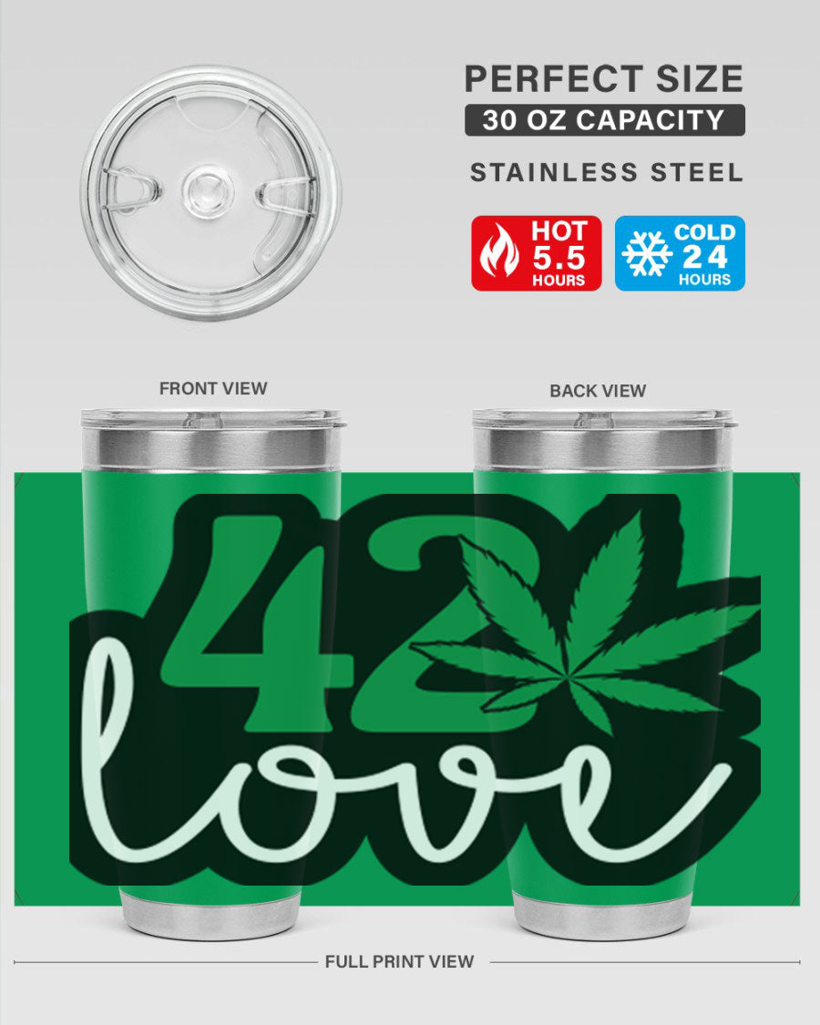 420 Love 20oz Tumbler made of stainless steel with a vibrant design, featuring a drink-thru lid and double wall vacuum insulation.