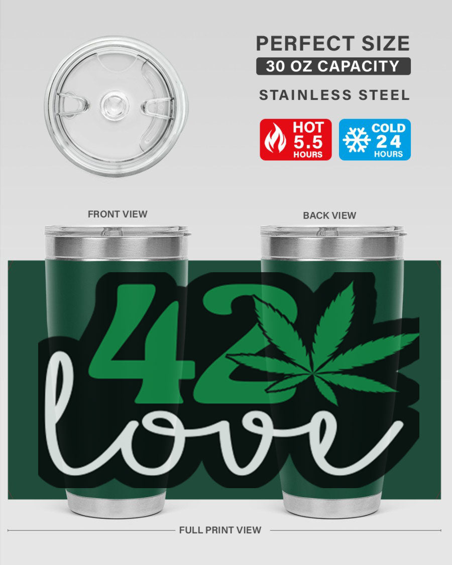 420 Love 20oz Tumbler made of stainless steel with a vibrant design, featuring a drink-thru lid and double wall vacuum insulation.