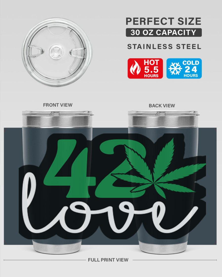 420 Love 20oz Tumbler made of stainless steel with a vibrant design, featuring a drink-thru lid and double wall vacuum insulation.