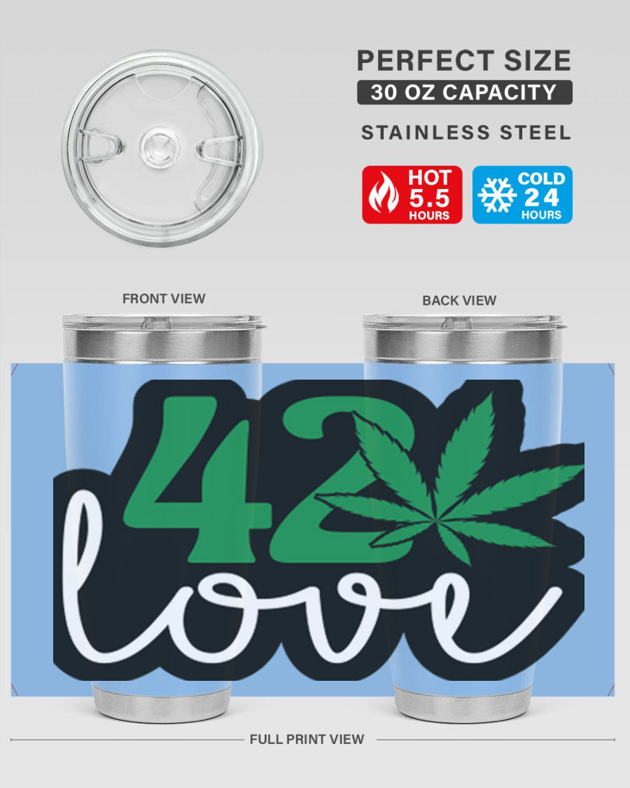 420 Love 20oz Tumbler made of stainless steel with a vibrant design, featuring a drink-thru lid and double wall vacuum insulation.