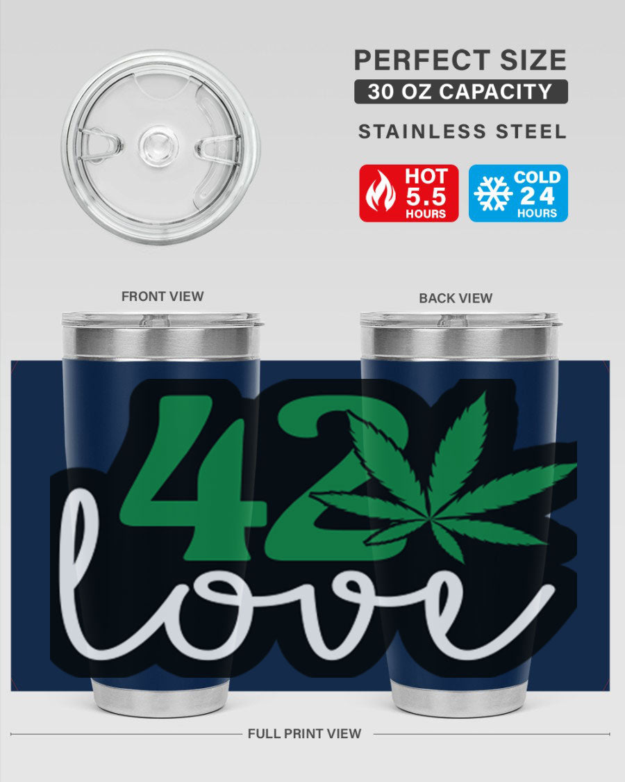 420 Love 20oz Tumbler made of stainless steel with a vibrant design, featuring a drink-thru lid and double wall vacuum insulation.