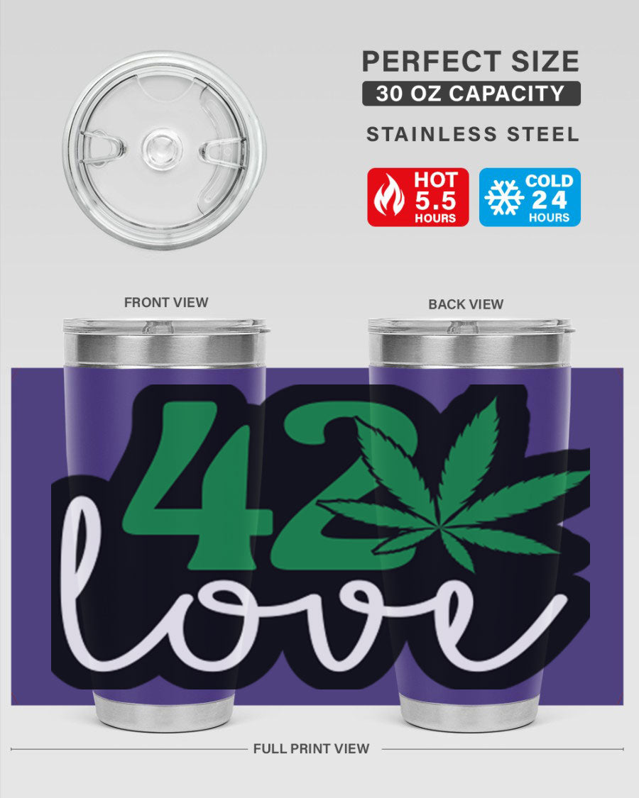 420 Love 20oz Tumbler made of stainless steel with a vibrant design, featuring a drink-thru lid and double wall vacuum insulation.