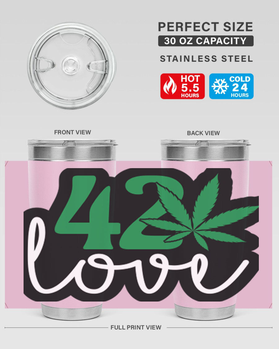 420 Love 20oz Tumbler made of stainless steel with a vibrant design, featuring a drink-thru lid and double wall vacuum insulation.