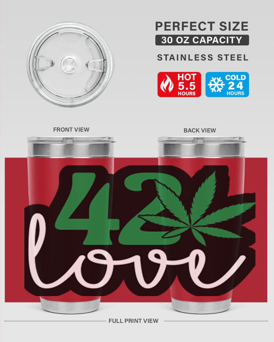420 Love 20oz Tumbler made of stainless steel with a vibrant design, featuring a drink-thru lid and double wall vacuum insulation.