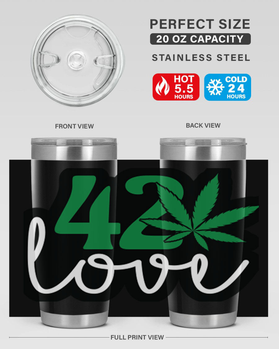 420 Love 20oz Tumbler made of stainless steel with a vibrant design, featuring a drink-thru lid and double wall vacuum insulation.