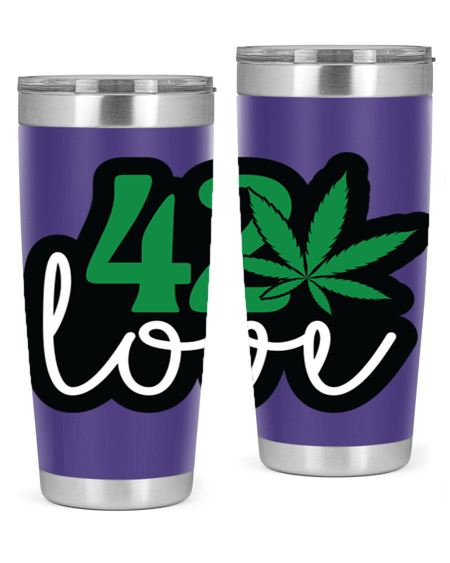 420 Love 20oz Tumbler made of stainless steel with a vibrant design, featuring a drink-thru lid and double wall vacuum insulation.