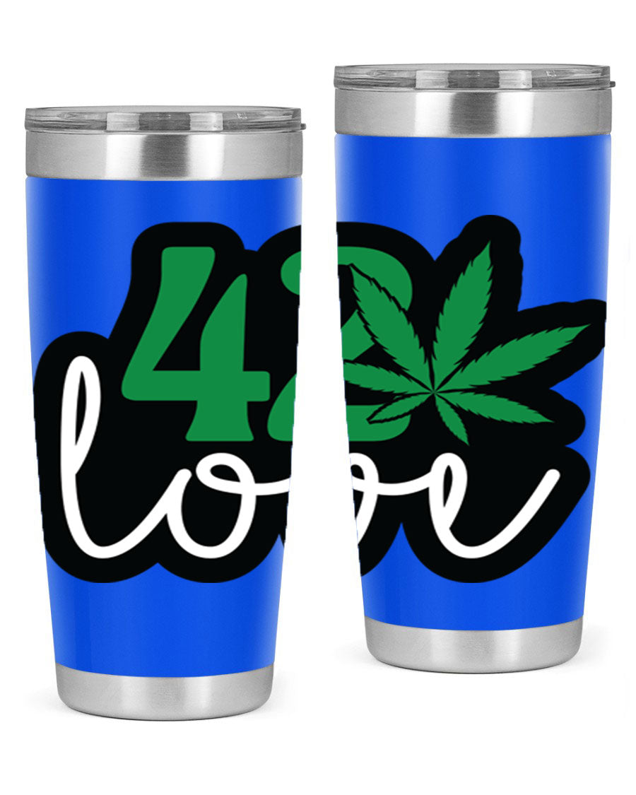 420 Love 20oz Tumbler made of stainless steel with a vibrant design, featuring a drink-thru lid and double wall vacuum insulation.
