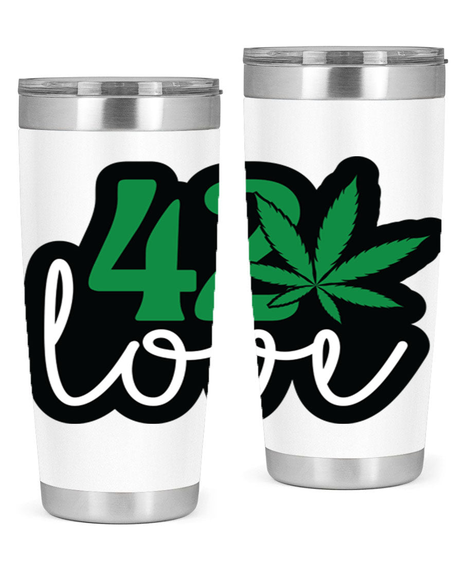 420 Love 20oz Tumbler made of stainless steel with a vibrant design, featuring a drink-thru lid and double wall vacuum insulation.