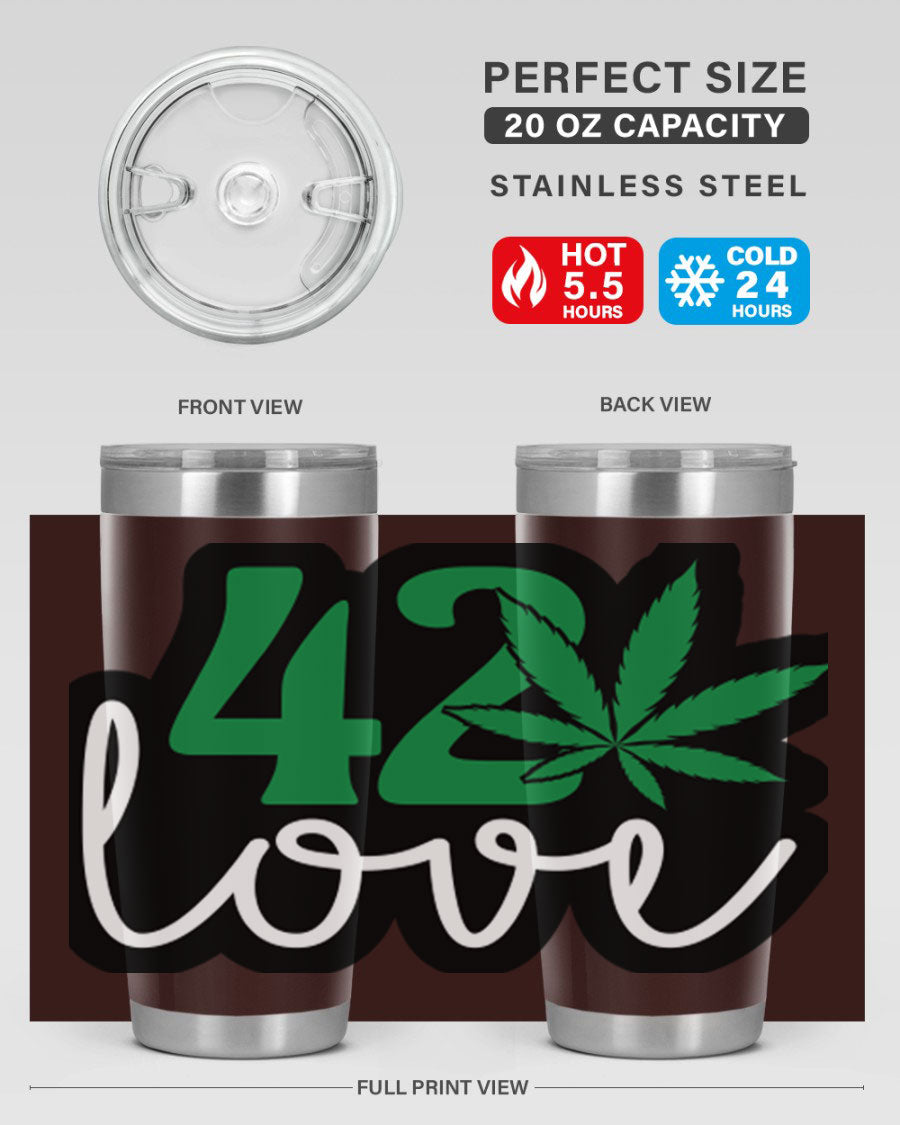420 Love 20oz Tumbler made of stainless steel with a vibrant design, featuring a drink-thru lid and double wall vacuum insulation.