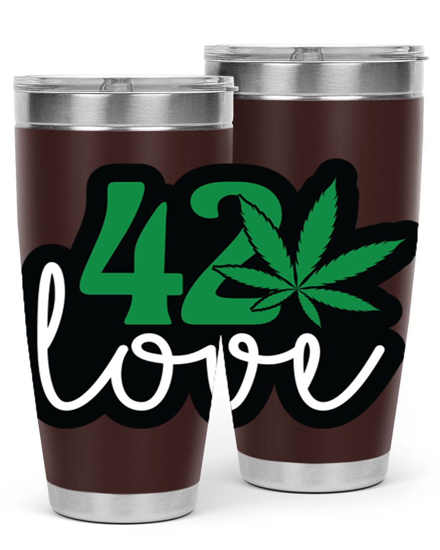 420 Love 20oz Tumbler made of stainless steel with a vibrant design, featuring a drink-thru lid and double wall vacuum insulation.