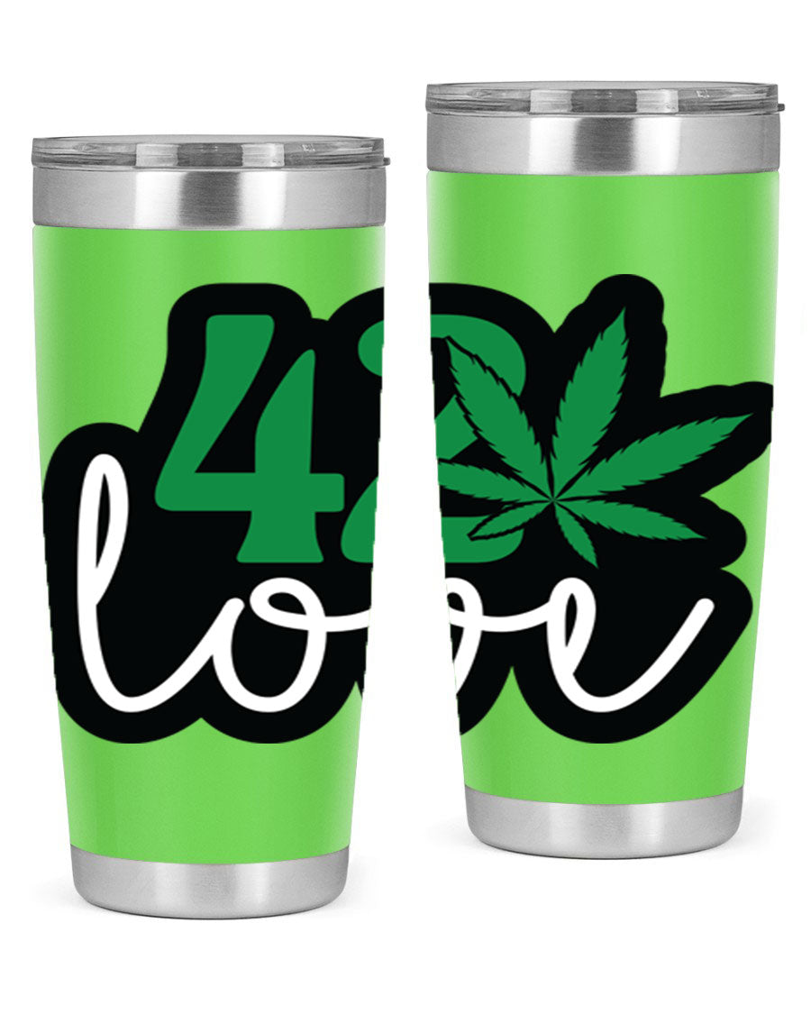 420 Love 20oz Tumbler made of stainless steel with a vibrant design, featuring a drink-thru lid and double wall vacuum insulation.