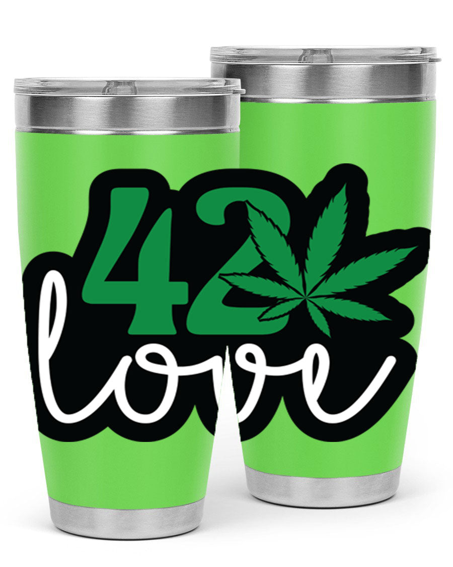 420 Love 20oz Tumbler made of stainless steel with a vibrant design, featuring a drink-thru lid and double wall vacuum insulation.