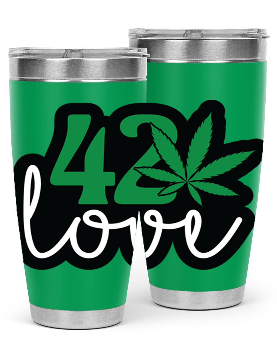 420 Love 20oz Tumbler made of stainless steel with a vibrant design, featuring a drink-thru lid and double wall vacuum insulation.