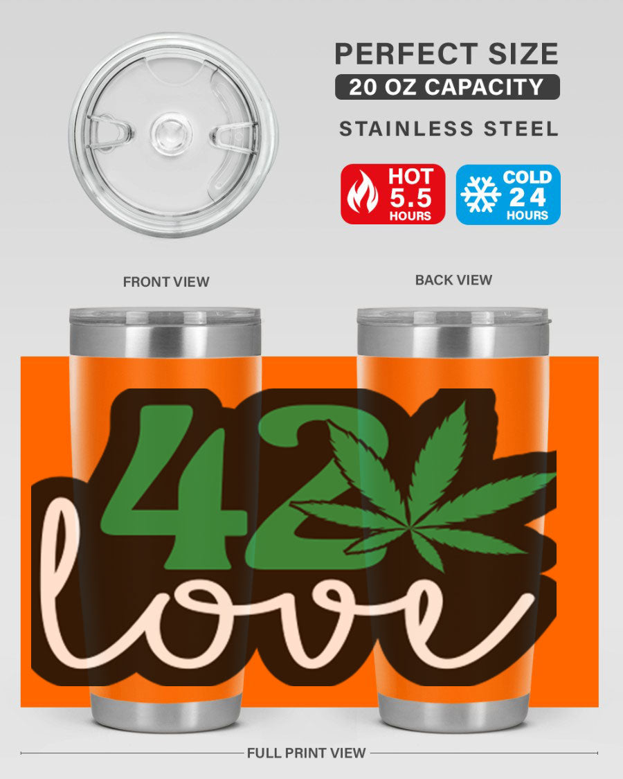 420 Love 20oz Tumbler made of stainless steel with a vibrant design, featuring a drink-thru lid and double wall vacuum insulation.