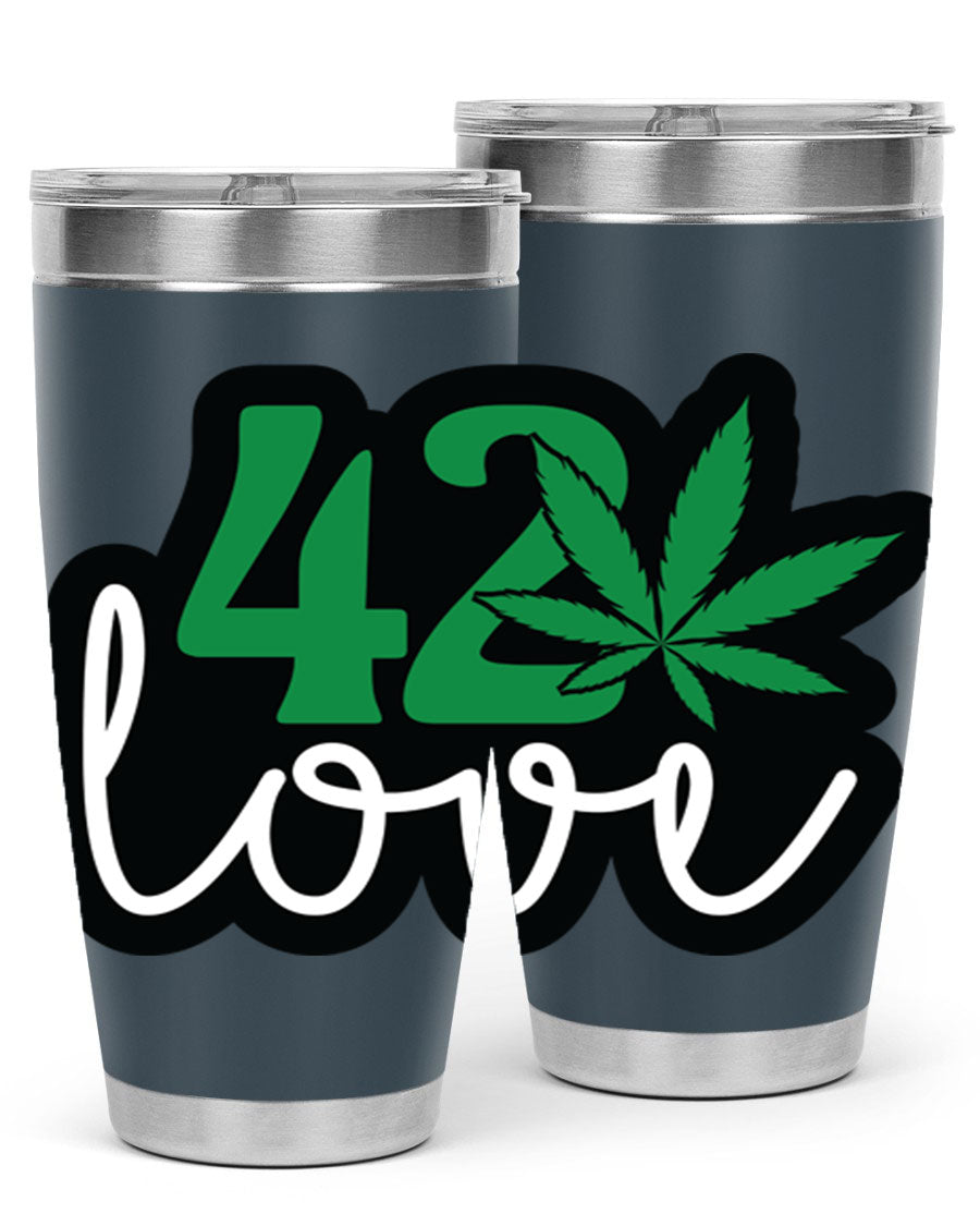 420 Love 20oz Tumbler made of stainless steel with a vibrant design, featuring a drink-thru lid and double wall vacuum insulation.
