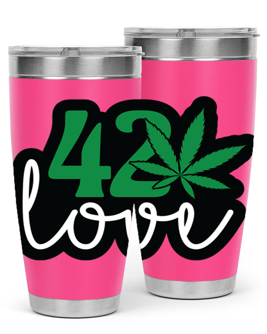 420 Love 20oz Tumbler made of stainless steel with a vibrant design, featuring a drink-thru lid and double wall vacuum insulation.