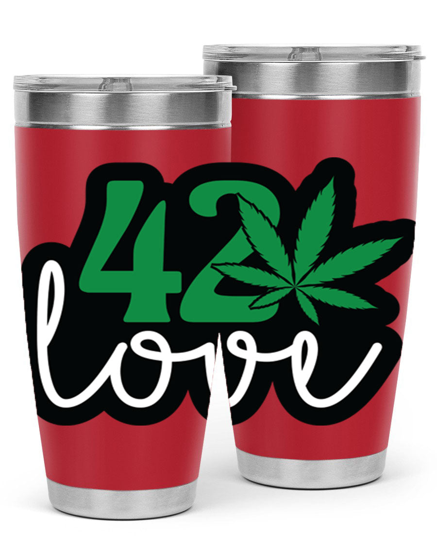420 Love 20oz Tumbler made of stainless steel with a vibrant design, featuring a drink-thru lid and double wall vacuum insulation.