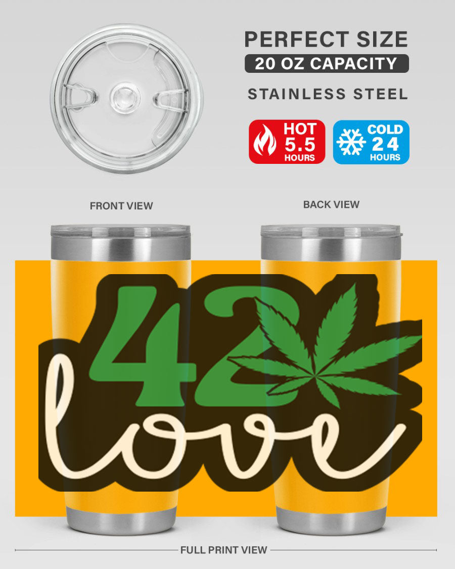 420 Love 20oz Tumbler made of stainless steel with a vibrant design, featuring a drink-thru lid and double wall vacuum insulation.