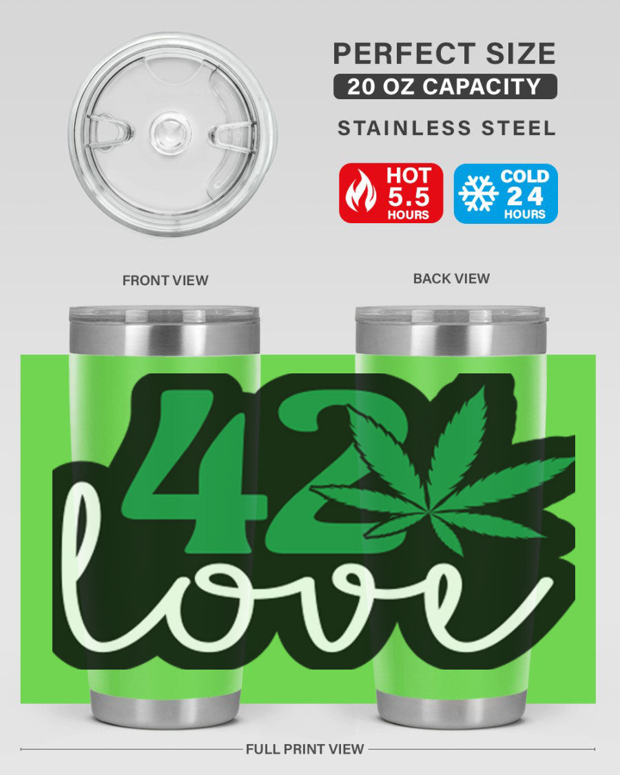 420 Love 20oz Tumbler made of stainless steel with a vibrant design, featuring a drink-thru lid and double wall vacuum insulation.