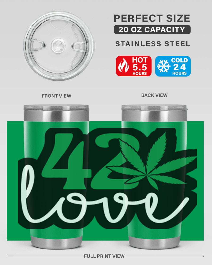 420 Love 20oz Tumbler made of stainless steel with a vibrant design, featuring a drink-thru lid and double wall vacuum insulation.