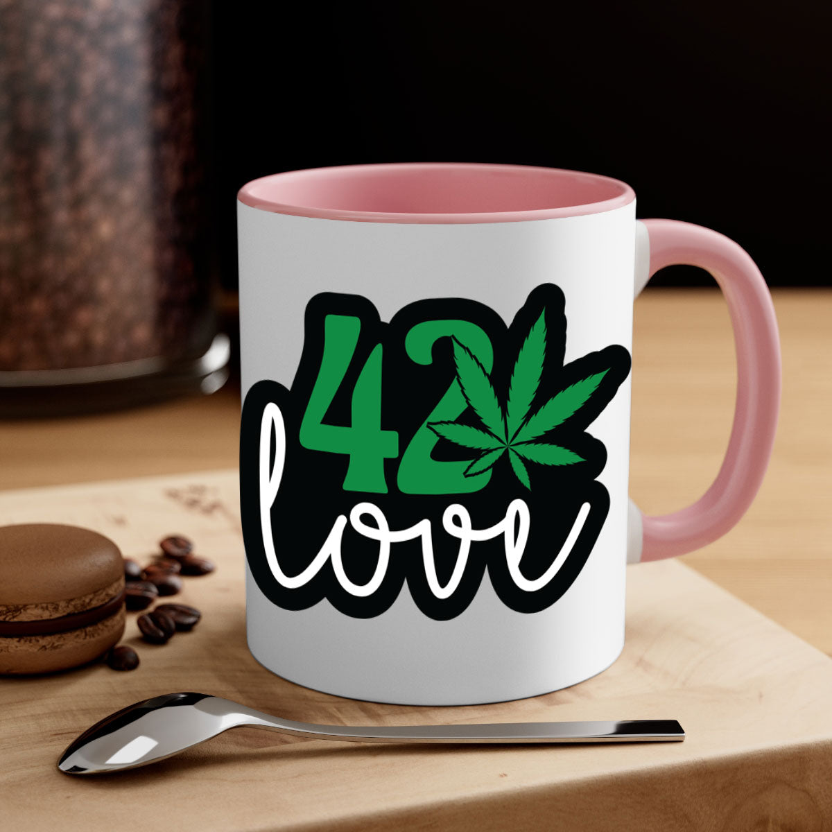 420 love 1# marijuana mug with a glossy finish, featuring a colored handle and interior, available in multiple colors.