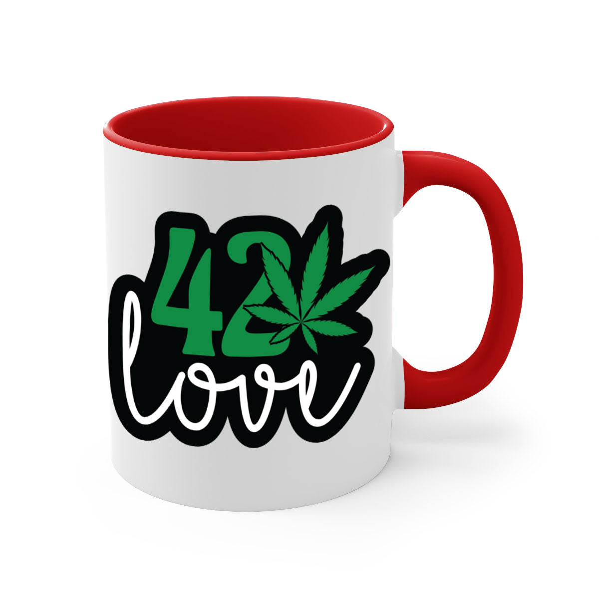 420 love 1# marijuana mug with a glossy finish, featuring a colored handle and interior, available in multiple colors.