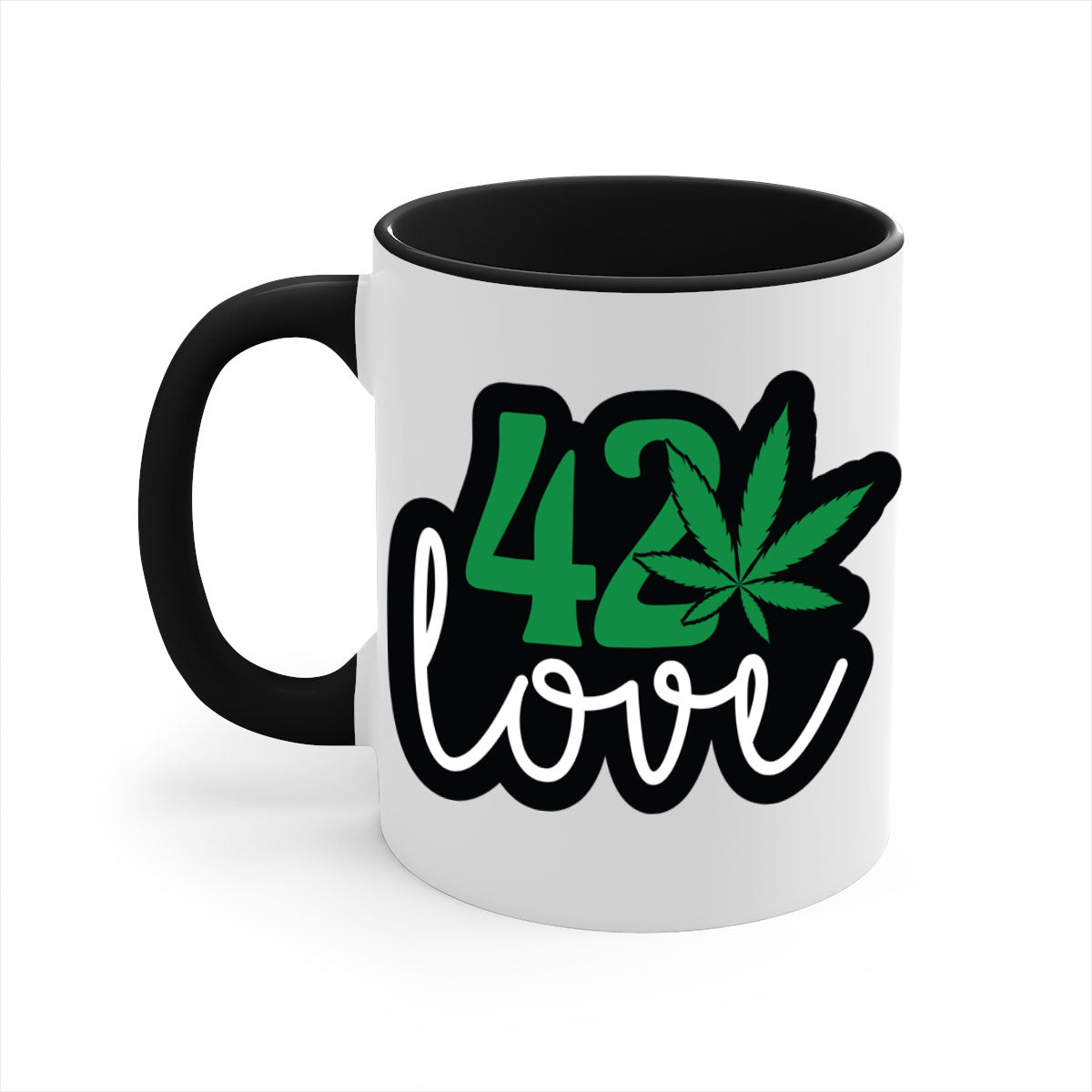 420 love 1# marijuana mug with a glossy finish, featuring a colored handle and interior, available in multiple colors.
