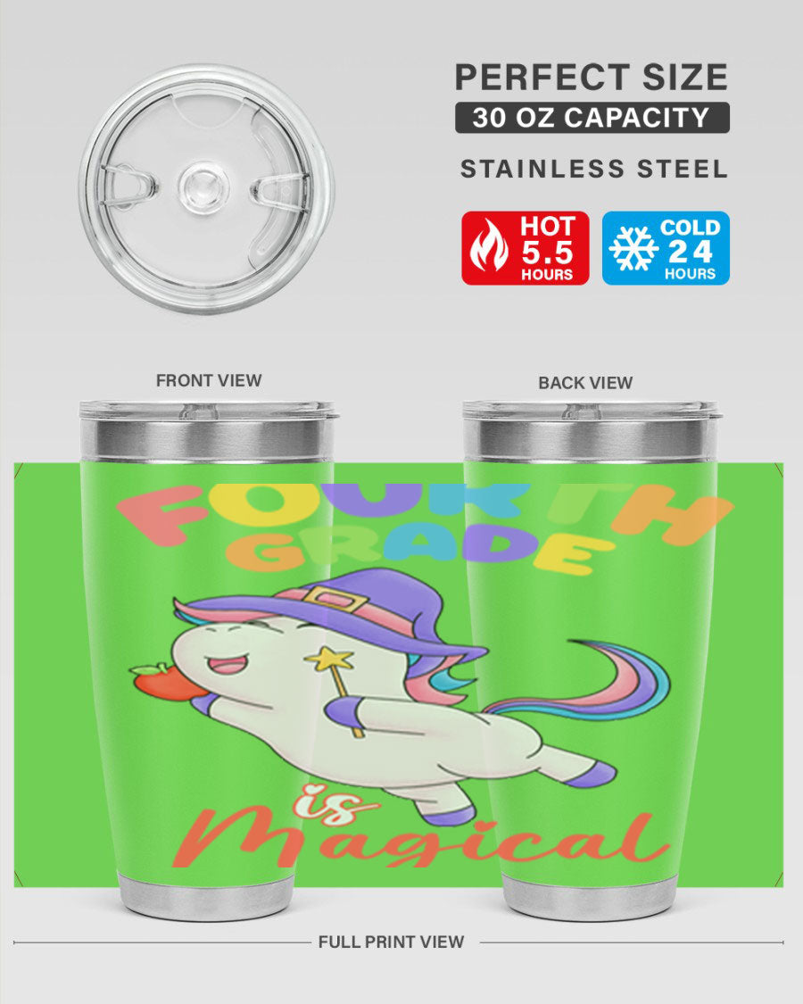Colorful 20oz and 30oz Magical Unicorn tumblers with double wall stainless steel design, perfect for keeping drinks hot or cold.