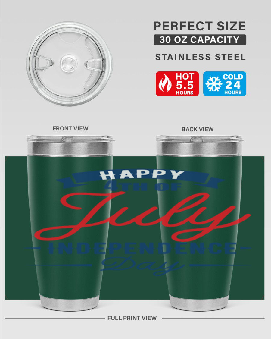 A stylish 4th July design tumbler featuring a double wall vacuum stainless steel construction, perfect for hot and cold beverages.