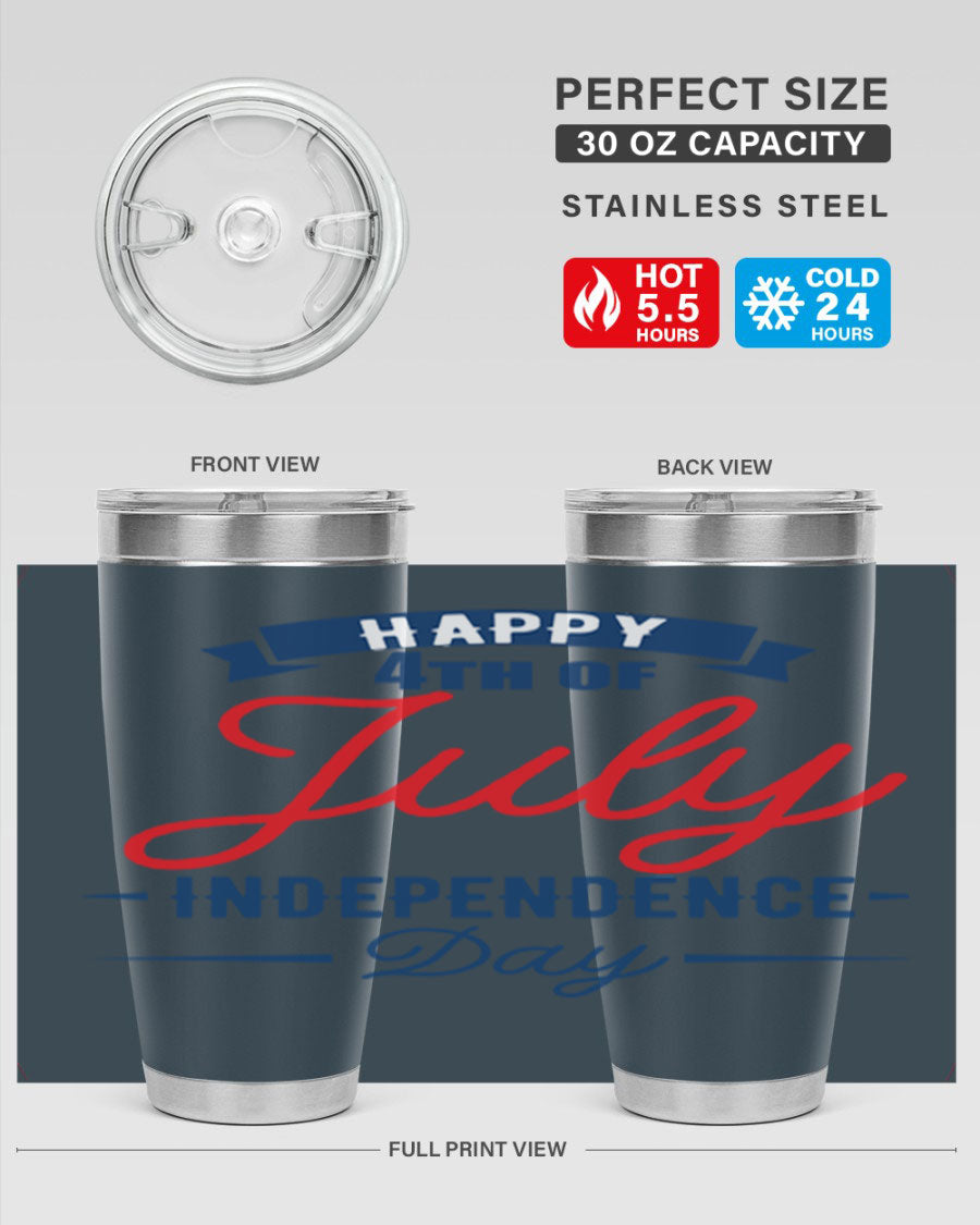 A stylish 4th July design tumbler featuring a double wall vacuum stainless steel construction, perfect for hot and cold beverages.