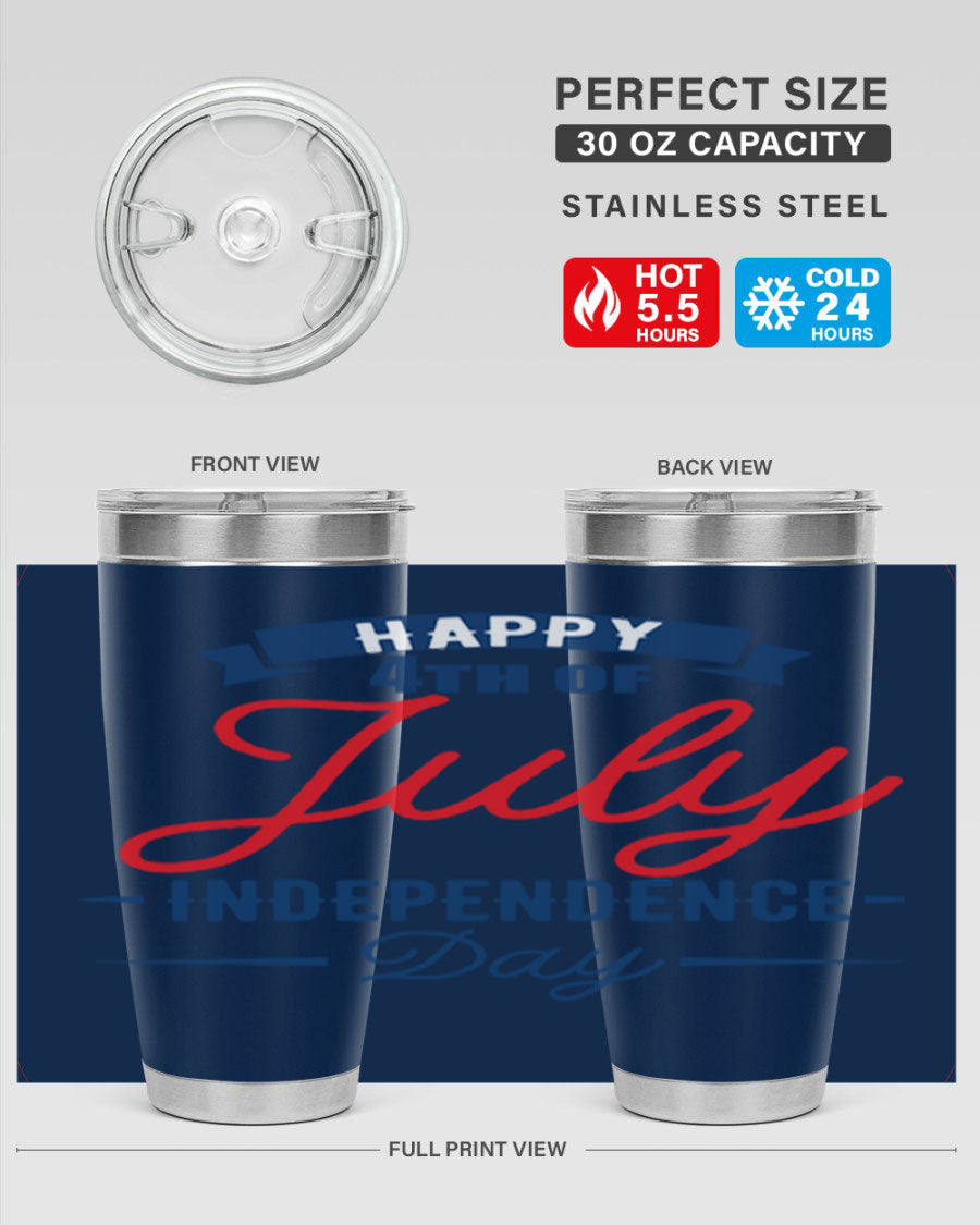 A stylish 4th July design tumbler featuring a double wall vacuum stainless steel construction, perfect for hot and cold beverages.