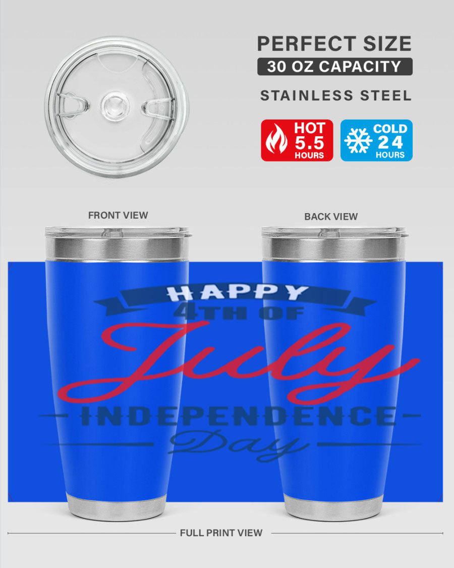 A stylish 4th July design tumbler featuring a double wall vacuum stainless steel construction, perfect for hot and cold beverages.