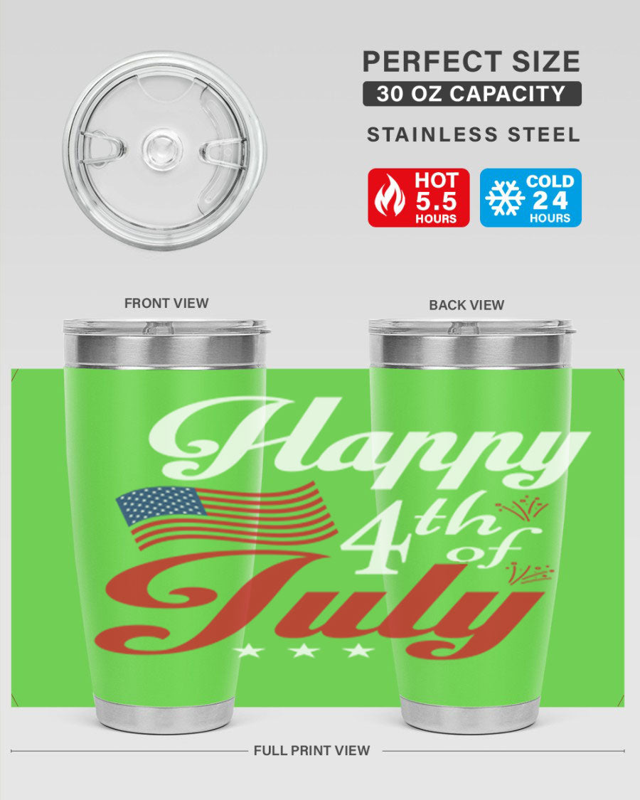 4th July design tumbler in 20oz and 30oz sizes, featuring a vibrant patriotic design, double wall vacuum stainless steel construction, and a drink-thru lid.