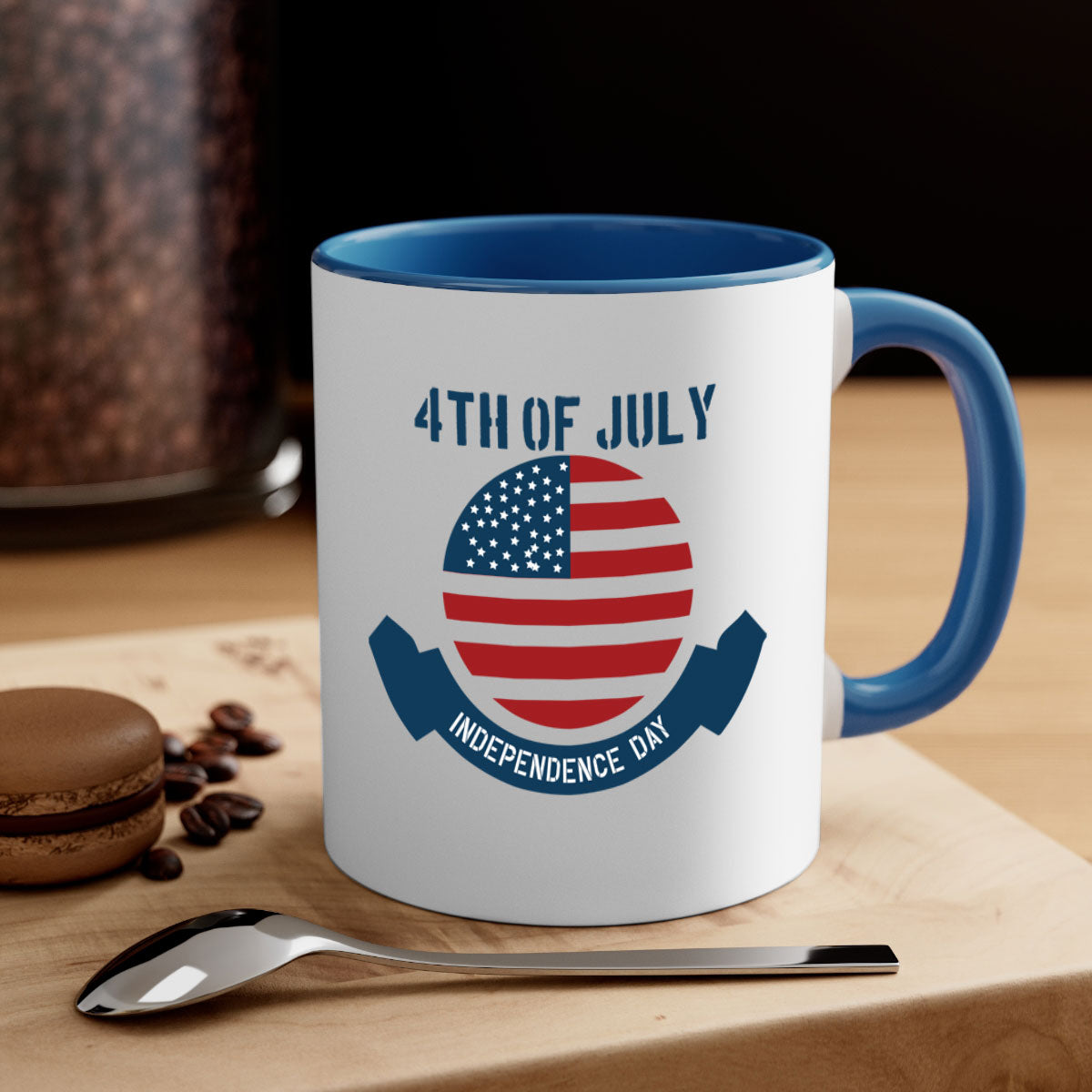 A stylish 4th of July mug featuring a two-tone design with a colored handle and glossy finish, perfect for coffee or tea.