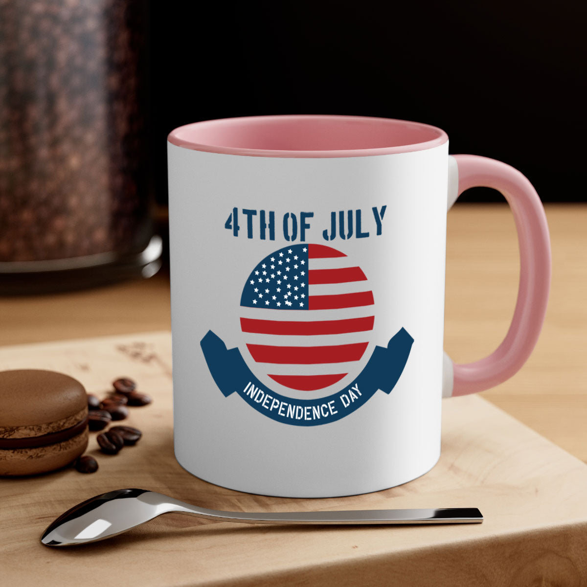 A stylish 4th of July mug featuring a two-tone design with a colored handle and glossy finish, perfect for coffee or tea.