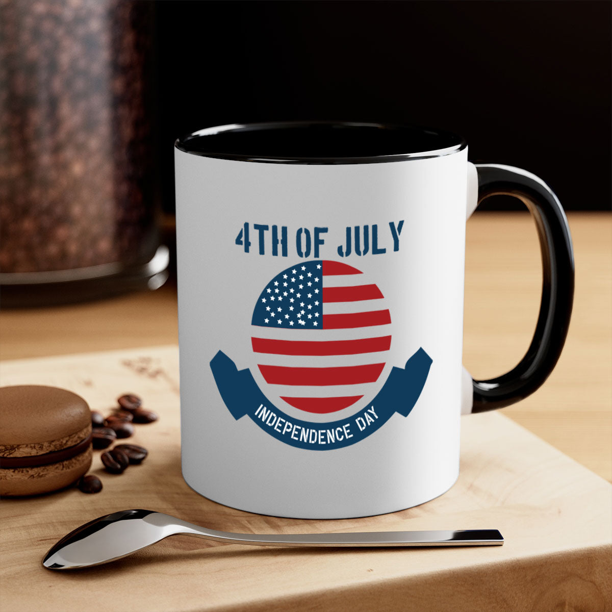 A stylish 4th of July mug featuring a two-tone design with a colored handle and glossy finish, perfect for coffee or tea.