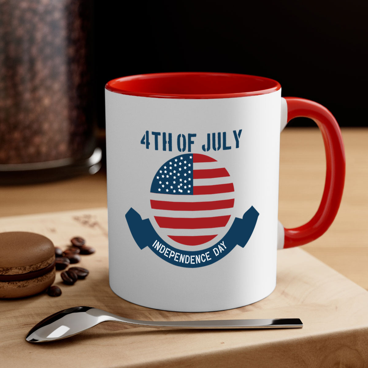 A stylish 4th of July mug featuring a two-tone design with a colored handle and glossy finish, perfect for coffee or tea.