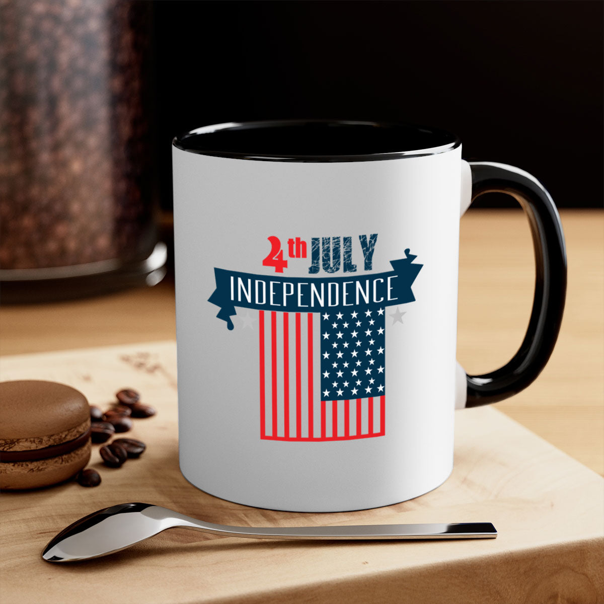 A stylish two-tone 4th July Independent Style Mug with a glossy finish, featuring a colored handle and interior, perfect for coffee or tea.