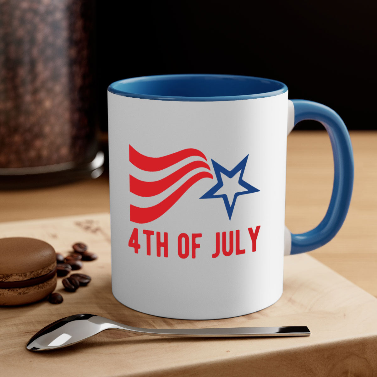 A stylish two-tone 4th of July mug with a glossy finish, featuring a colored handle and interior, perfect for coffee or tea.